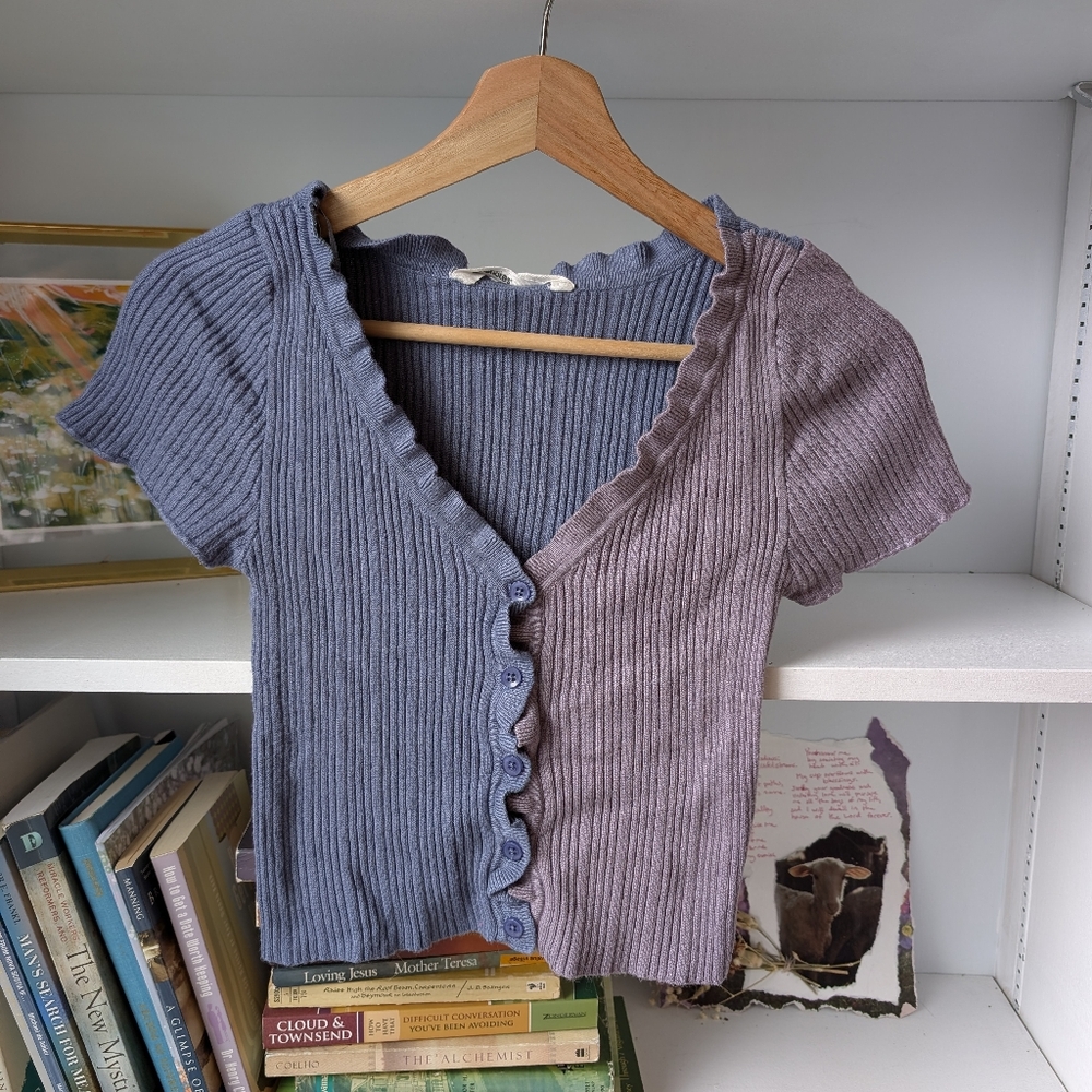 Bluenotes Girl's Cropped Cardigan Ribbed Short Sleeve Blue Purple Medium